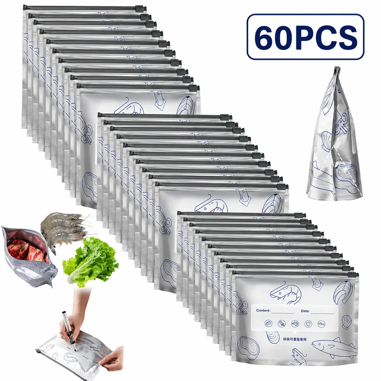 【Refrigerated Food】Reusable Aluminum Foil Sealable Storage Bags, 2026 New Resealable Vacuum Zipper Pouches for Food, Stand Up Foil Sealable Bags with Label and Zip Lock for Vegetable Fruit Meat