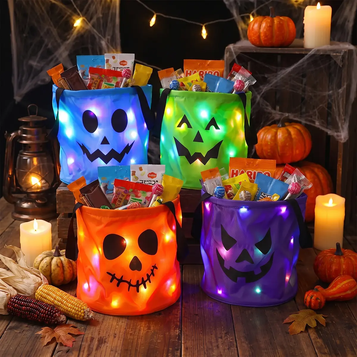 Halloween Trick or Treat Buckets with LED Light, Non Woven Gift Bags Candy Bucket for Halloween, Reusable Halloween Stuff for Kids Party Favor Supplies & Gifts