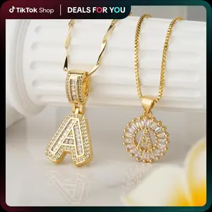 2pcs Iced Out Initial Necklace Set, Baguette Cut 3D Bubble Letter & Round Halo Pendant.Gold Plated Hip Hop Jewelry for Men Women.Personalized Custom Alphabet Charm.Bling Zirconia Stacking Chains.Trendy Y2K Anniversary Gift