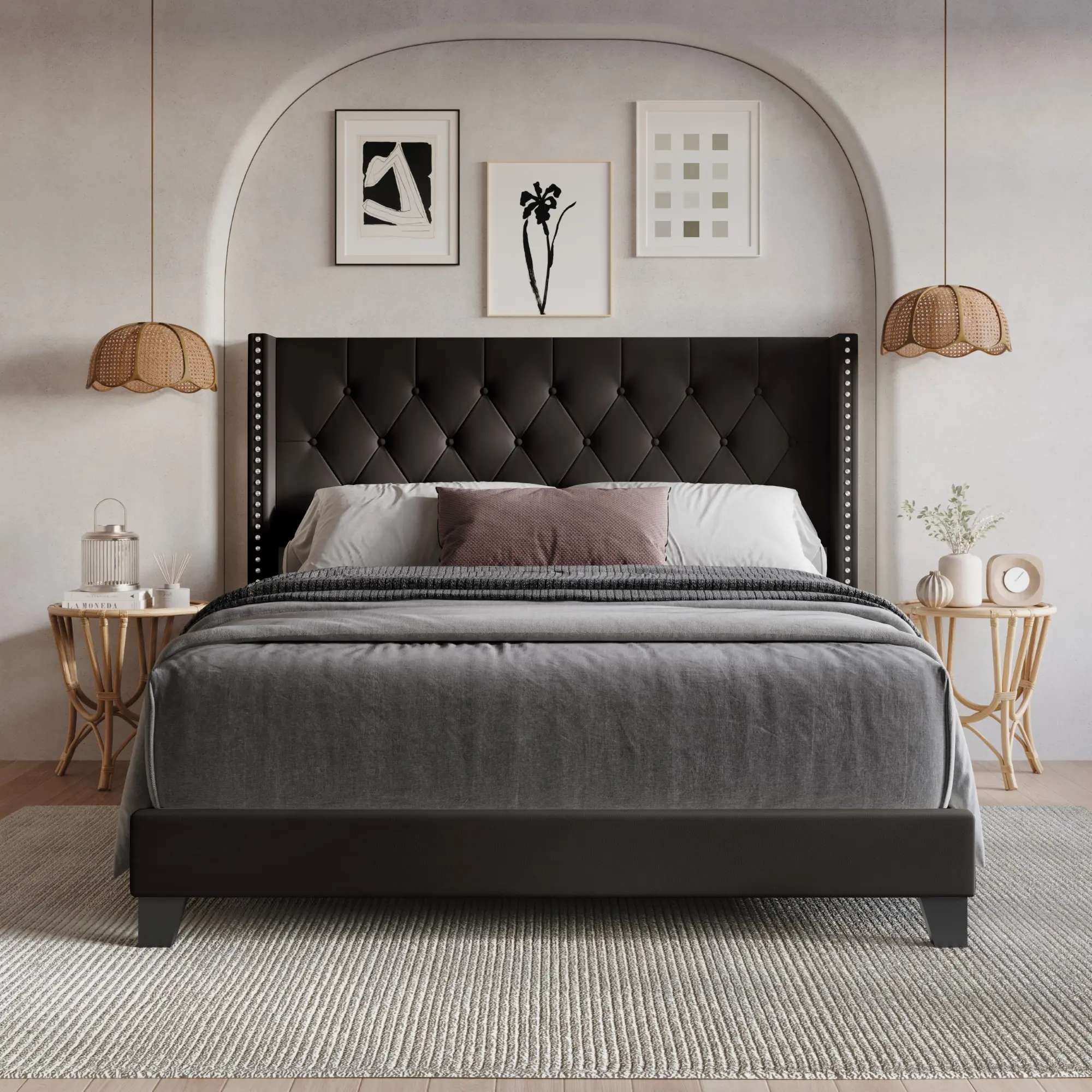 Favorer Homer Tufted Wingback Upholstered Panel Bed with Nailhead Trim - Elegant Button Headboard, Furniture for Queen, Full Size, King Size Bed Frames, Full Size Bed