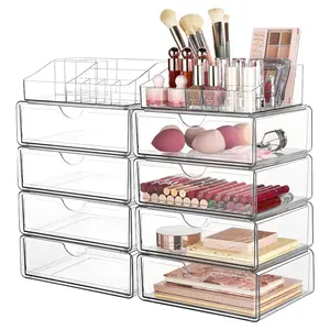 【2 Set】Vtopmart Clear Makeup Organizer for Dresser Countertop & Bathroom Vanity Cosmetic Storage for Lipstick Brush Skincare Spacious Compartments Transparent Design Anti-slip Silicone Pads