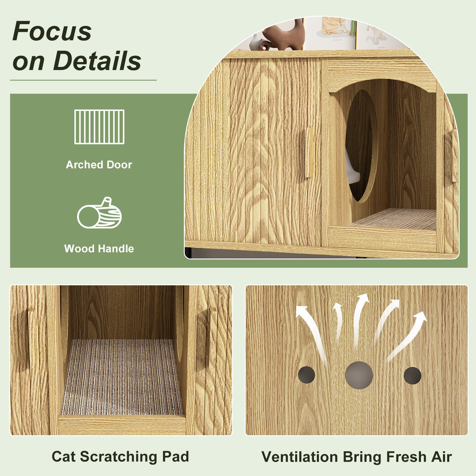 Fluted Hidden Cat Litter Box Enclosure – Modern Wood Furniture with Scratching Pad, Large Indoor Cat House Cabinet Side/End Table for Living Room & Entryway