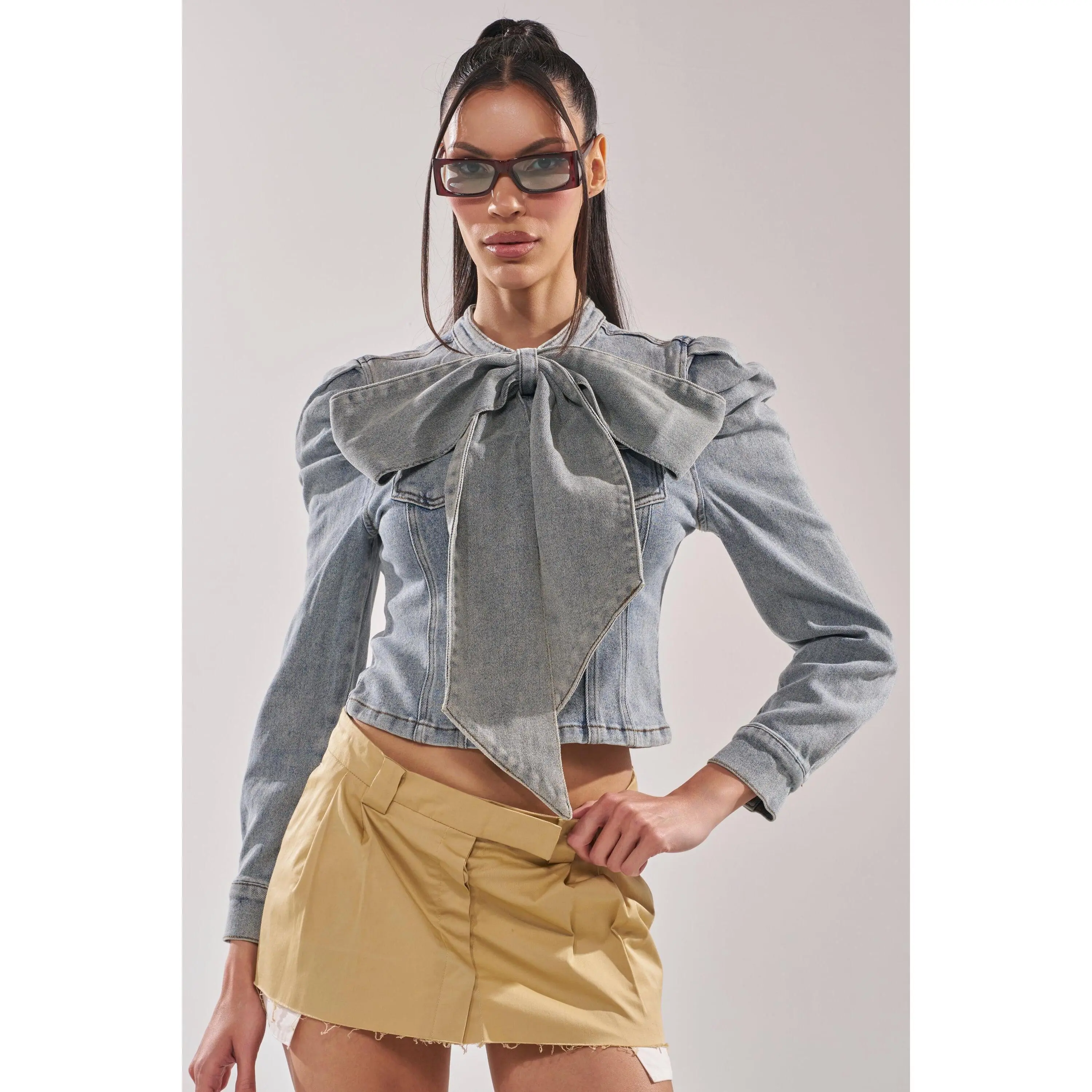 WAIT FOR U DENIM BOW BLOUSE TOP