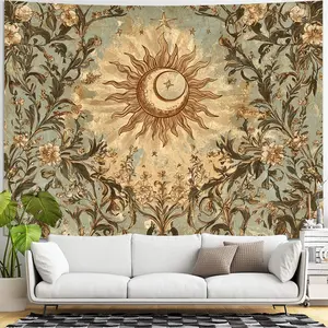 Sun and moon decorative tapestry, retro Bohemian wall hanging, tapestry with sun and moon motifs depicting a mysterious scene from the past, aesthetic tapestry, suitable for living room, bedroom and home decoration. bedroom decor cool stuff for room