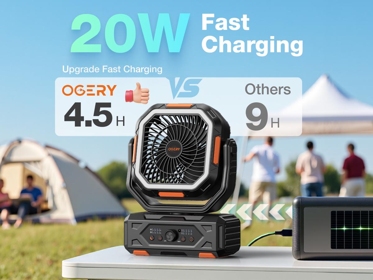 OGERY 2026 Upgraded Camping Fan, 30000mAh Rechargeable Fan with LED Lights & 270° Pivot, Remote Control Shaking Head Desk Fan for Tent Travel Home Multifunction Outdoor Activities #Summervibes