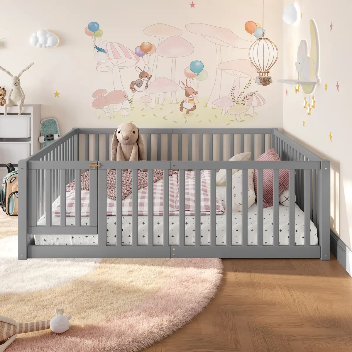 [Bellemave]Twin/Full /Queen Size Bed Floor Bed with Safety Guardrails and Door for Kids,Gray