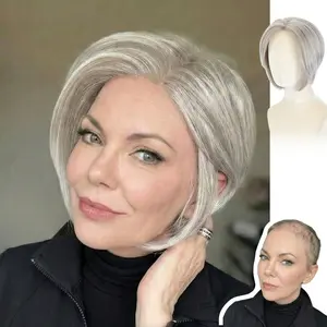 Raven – WIGYY  Mono Top Lace Straight Elegant Bob Wig in Grey or Brown, Short Natural Look Glueless Heat-Resistant Synthetic Wig, Realistic Scalp Mono Top Style, Lightweight Adjustable Cap for Older Women