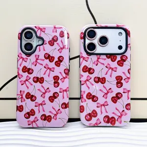 Phone case for iPhone 17/16/15/14/13 Pro Max/Pro/Plus Features adorable pink cherry bow design Constructed with shock-absorbing ultra-thin soft TPU and hard PC materials Designed specifically for women Compatible with iPhone 17 Pro Max (glossyfinish)