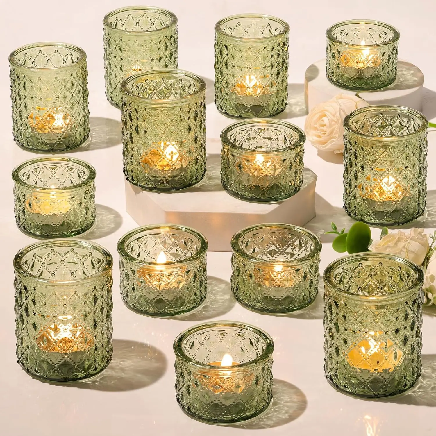 36 Pack Green Votive Candle Holders Mixed Heights Glass Tealight Holders for Wedding Table Centerpiece Bridal Shower Tea Party Summer & Everyday Home Decor
