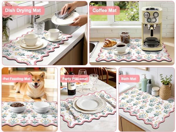 LOKHOM Scalloped Floral Dish Drying Mat for Kitchen Counter, 18"x24" Absorbent Coffee Bar Mat with Vintage Sage Flower Herbs, Dish Drainer Rack Mat for Kitchen Counter Coasters Tableware Colorful