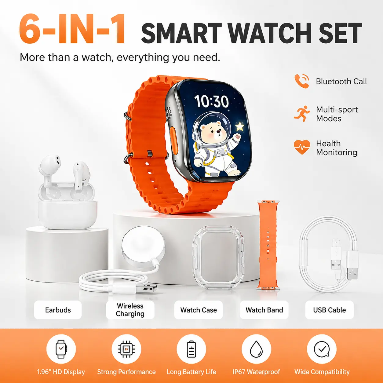 Smart Watch Kit with Bluetooth Earbuds & Type-C Cable | Compact Wireless Audio Bundle, Waterproof Fitness Tracker Tech Gift for Men Women