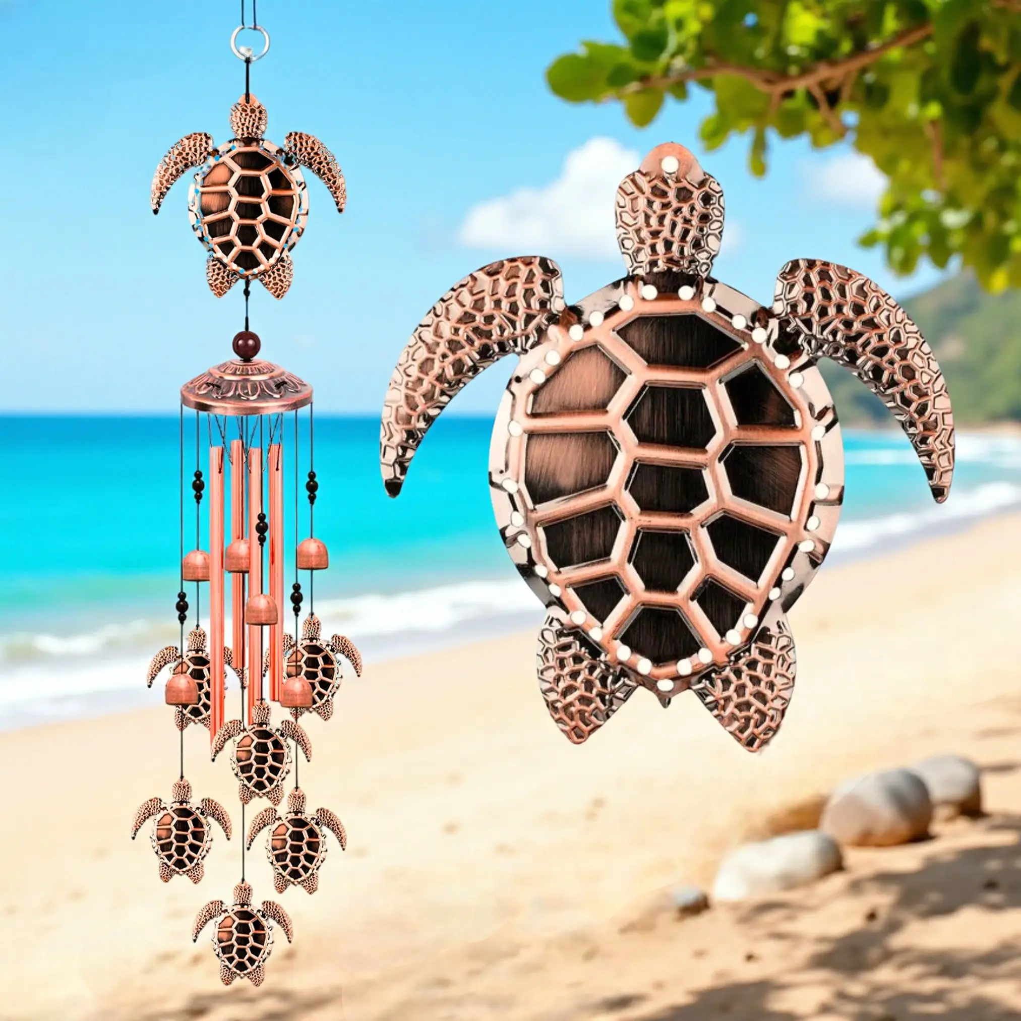 Metal Sea Turtle Wind Chimes for Outdoor Decor – Coastal Home Decoration with 4 Aluminum Tubes & 6 Lucky Sea Turtles, Hanging Wind Chime for Garden, Yard, Patio,Indoor & Outdoor, Symbol of Health & Longevity, Sleek