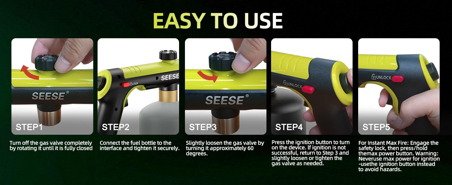 SEESE Powerful Propane Torch(Propane Tank Not Included),With One-Touch Max Fire Button and Safety Lock, Adjustable Blow Torch for Sous Vide Searing Steak, BBQ,Fireplace,Charcoal Wood