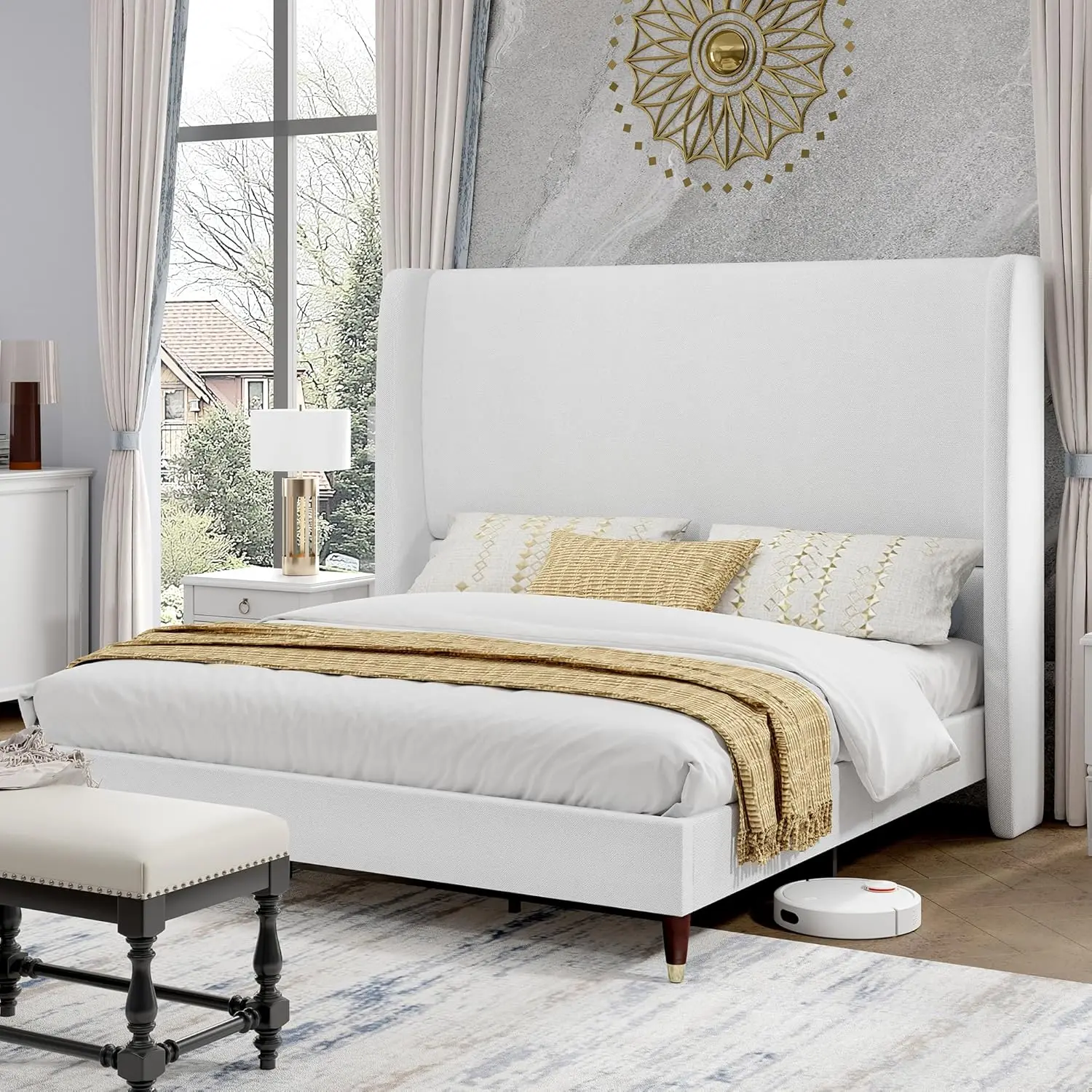 AMERLIFE Platform Bed Frame with 51.2" Tall Headboard, Upholstered Bed with Wingback/Solid Wood Legs/Durability&Silent/No Box Spring Required, Furniture/Full/Queen/King/Bed with Reinforced Structure&Complete Hardware Kit[tiktokshopbacktoschool][SohoChic]