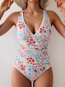 B2LOVER One Piece Swimsuit for Women Tummy Control Ruched Bathing Suit Push Up Tie Back Swimwear Shell Stitched