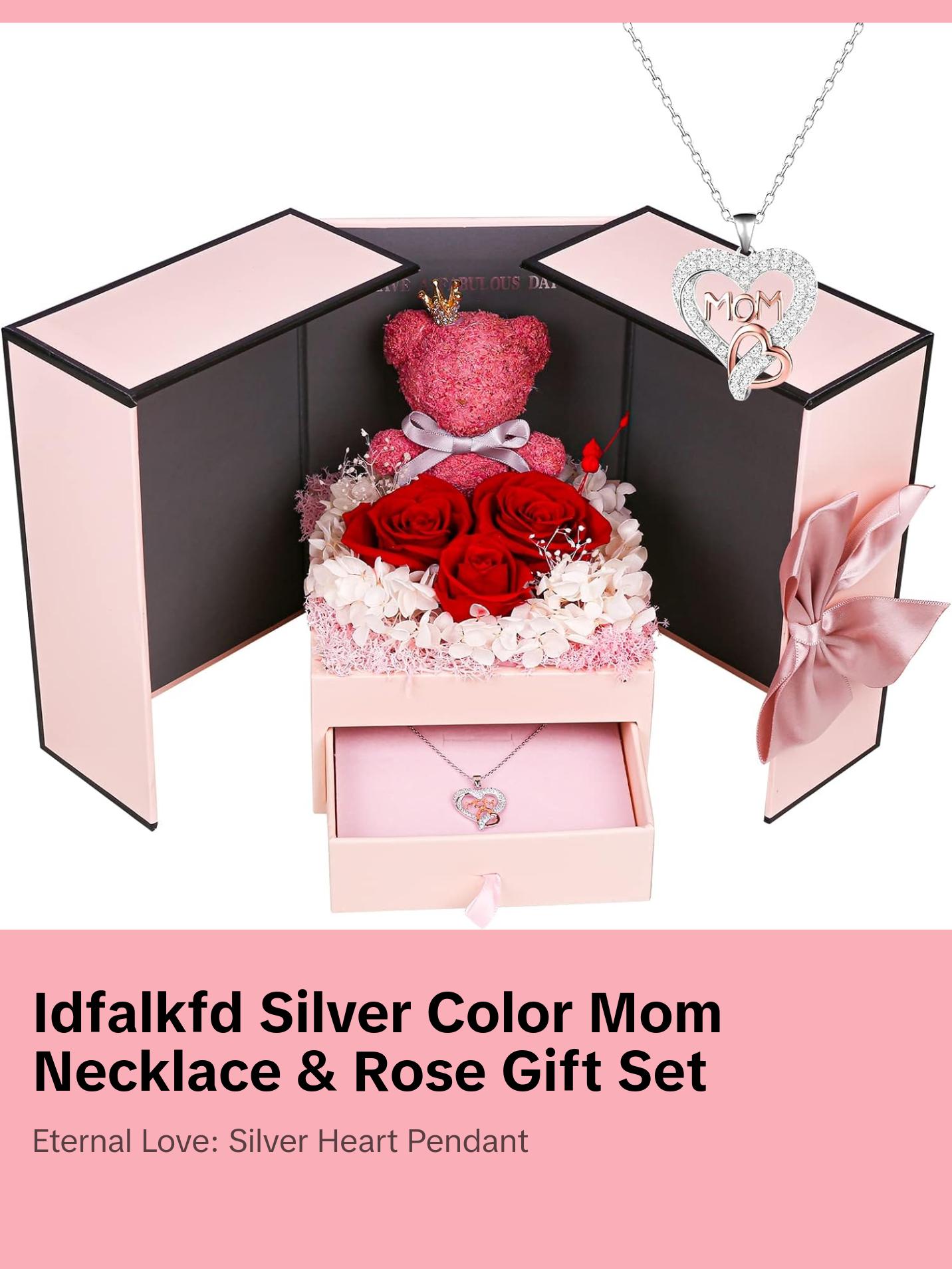 IDFALKFD Preserved Rose Gifts Set includes 925 Sterling Silver Necklace with Heart and Mom Jewelry Design, Mothers Day Birthday Christmas Valentines Gifts for Mom from Daughter and Son