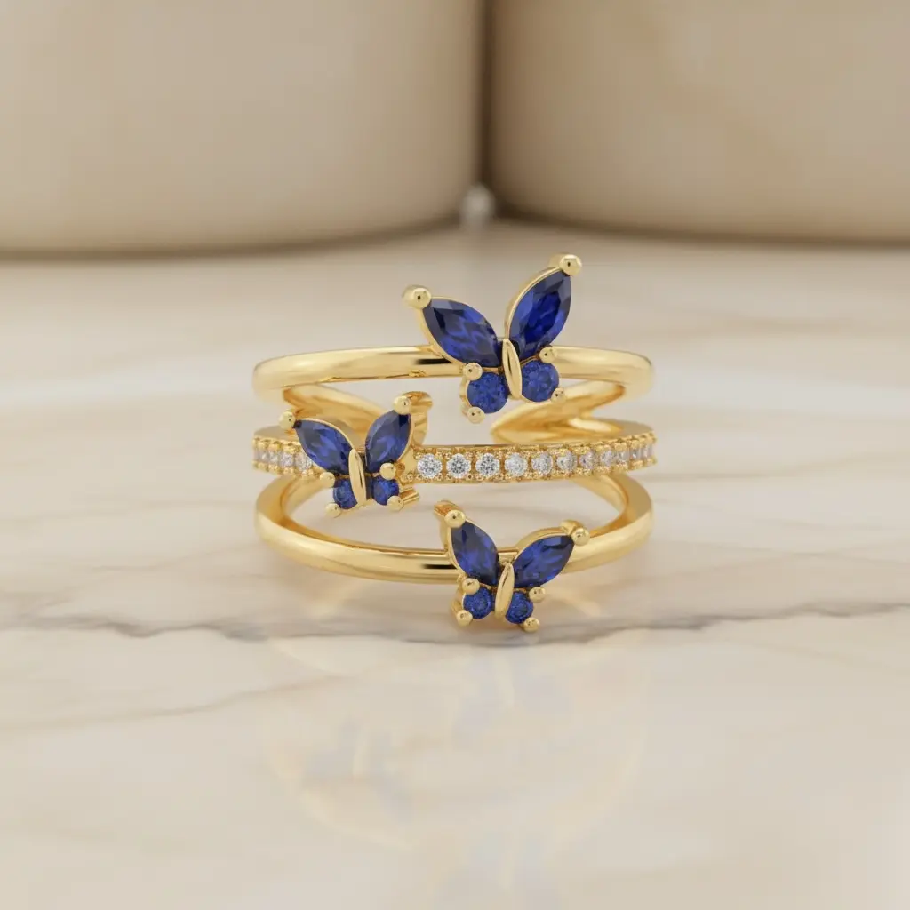 Gold Butterfly Crystal Ring | Adjustable Birthstone Jewelry | Dainty Ring for Women