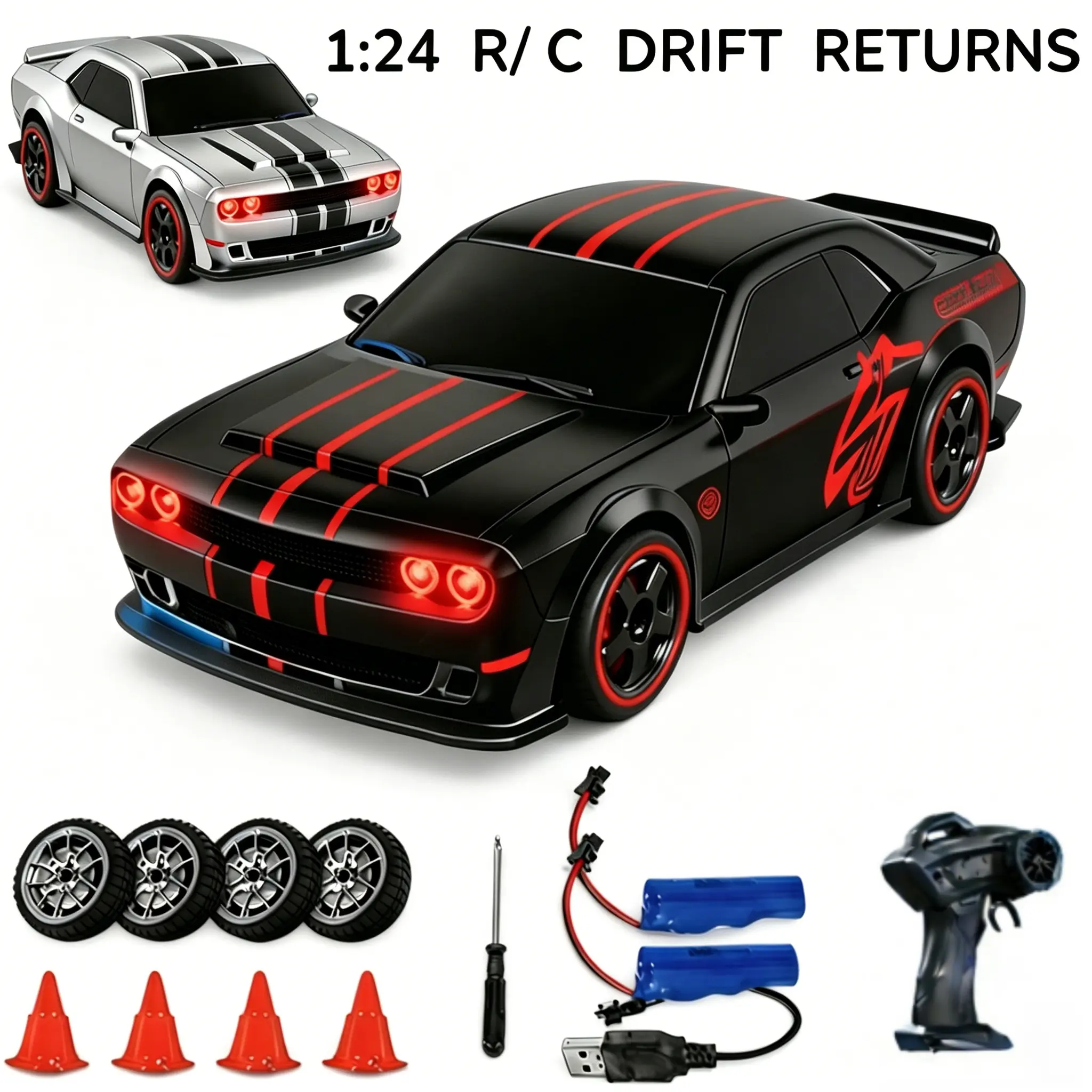 Dodge Hellcat 4WD RC Stunt Drift Car - High-Speed Electric RC Model Car with LED Lights, Boy Kid Toys for Indoor & Outdoor Play, Birthday Present & Cool Teenage Boy Gifts, Rc Cars, Cool Gifts For Guys