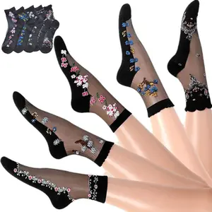 5 Pairs Women's mid-calf crystal silk stockings, spring and summer thin style, embroidered glass yarn women's socks, anti-slip socks， Womenswear