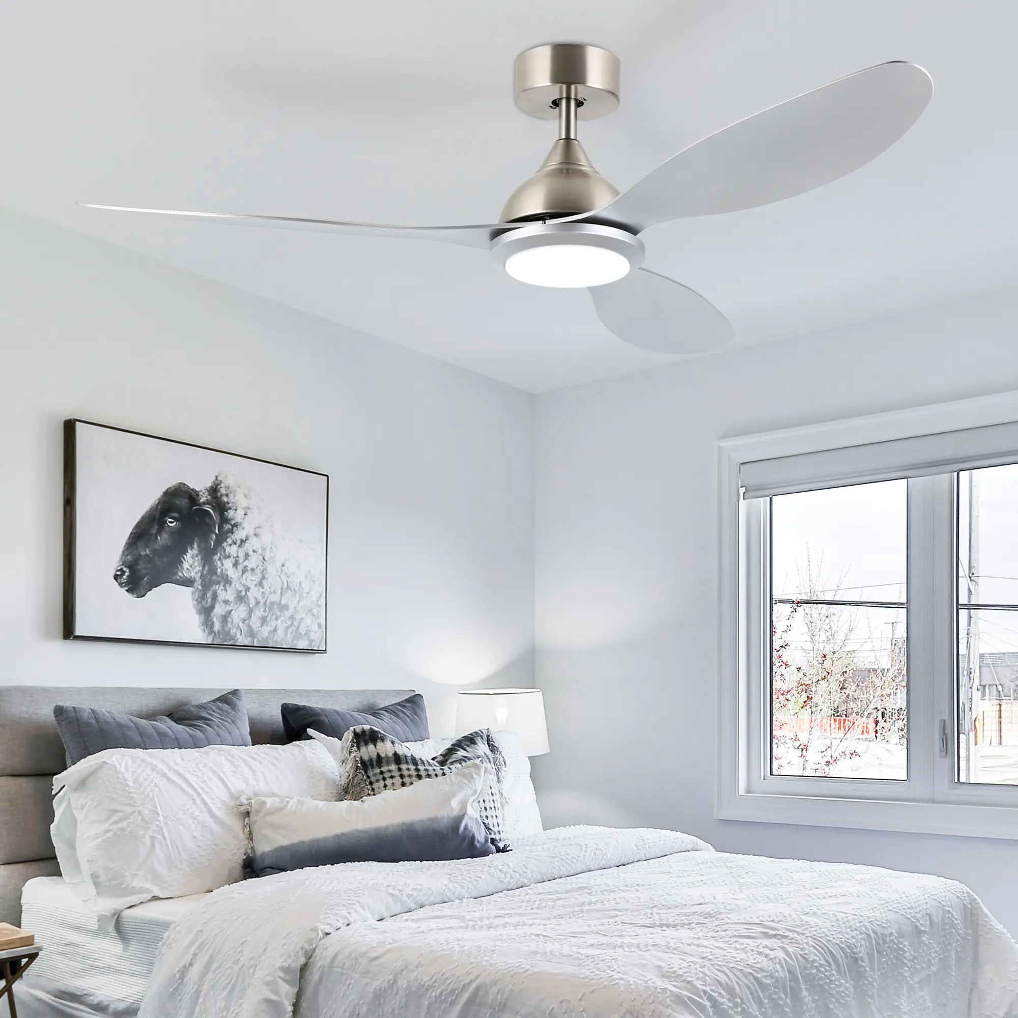 ALLWEX 52-Inch Modern Casual Smart Ceiling Fan with 110V Input, 6-Speed Quiet DC Motor, Remote Control, Reversible ABS/Metal/Acrylic Blades, Dimmable 3-Color Temperature LED Light, for Indoor Outdoor Bedroom, Living Room