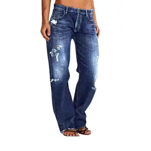 Women's wave jeans, mid waist straight leg jeans, plus size boyfriend jeans, loose flared pants, 90s hippie clothing