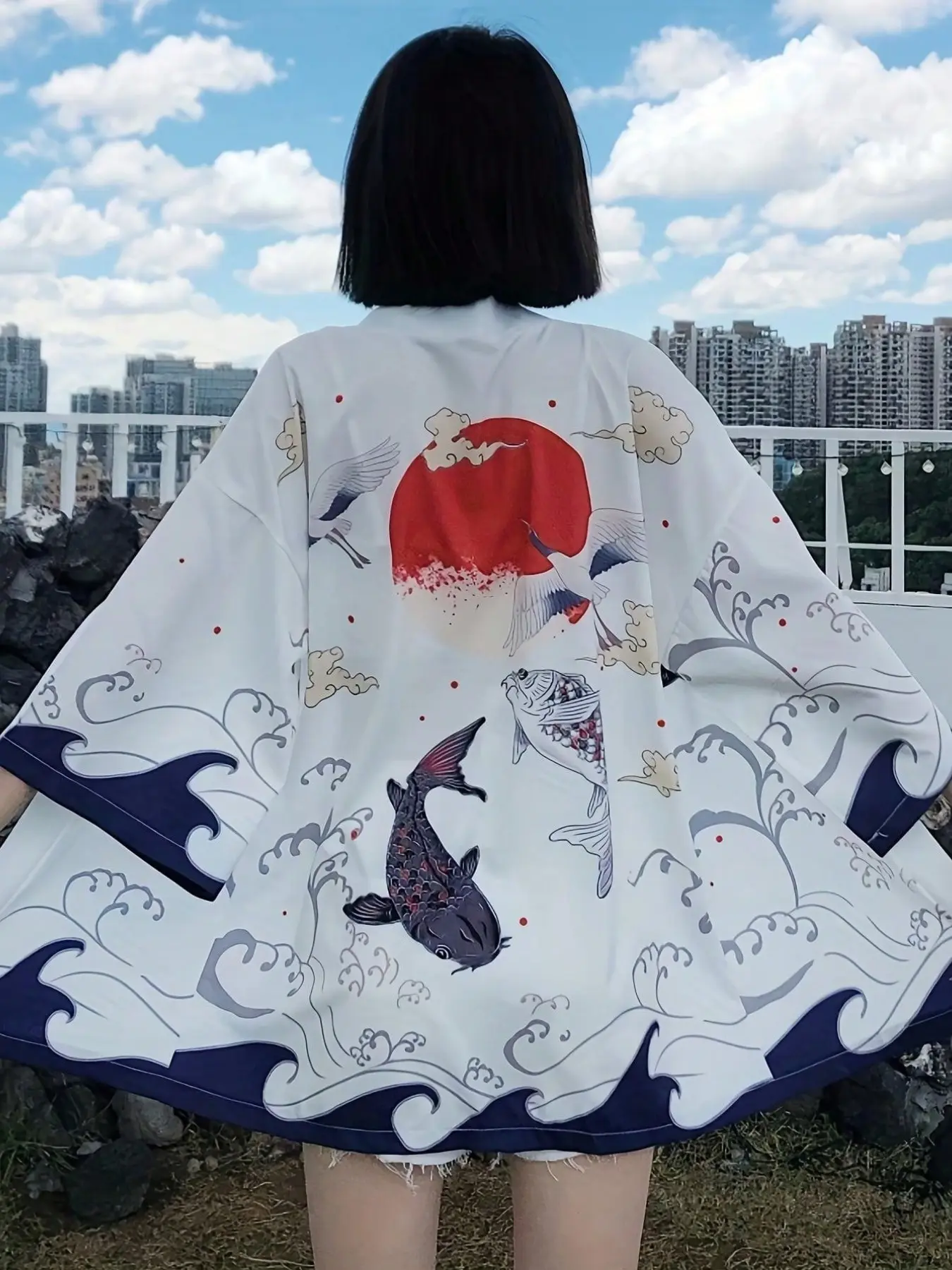 Elegant Koi Print Seven-Quarter Sleeve Traditional Asian Hanfu Robe, Loose Fit Japanese Kimono Jacket for Men & Women, Casual Beach Vacation Wear, Spring Summer Sun Protection