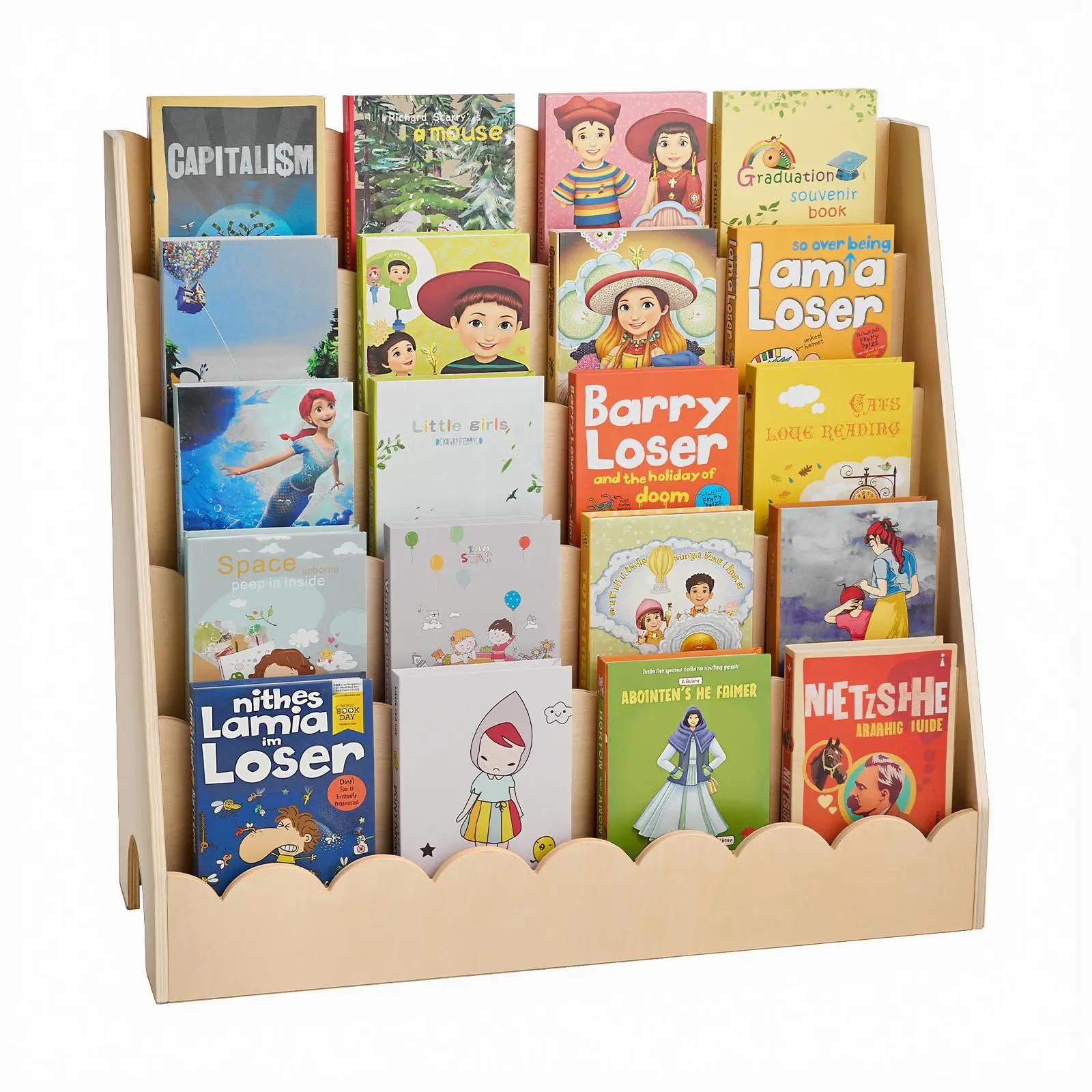 【summerfinds】VEVOR Montessori 5-Tier Scalloped Bookshelf, 5 Compartments, Dual Backpack Hooks, Anti-Tip Kit, Streamlined Organizer for Toddlers’ Kids Room & Living Room