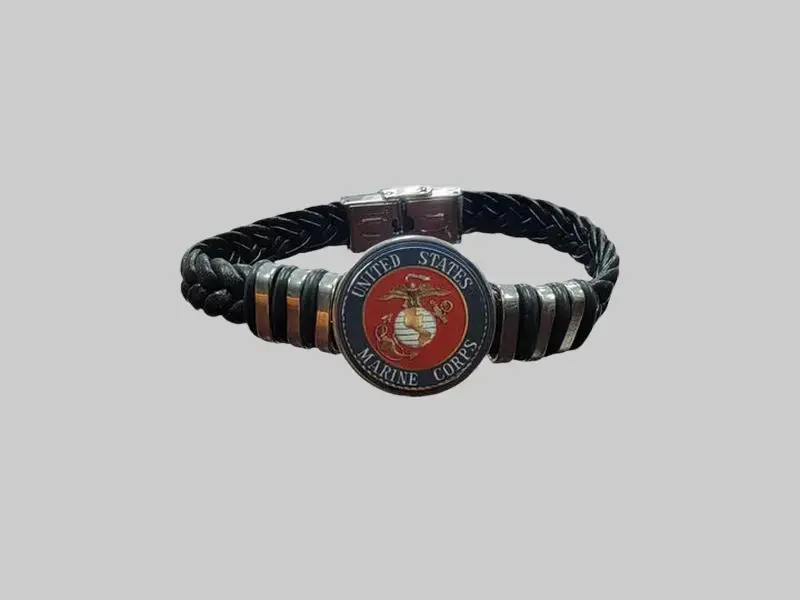 Officially Licensed Unisex US-Made Marine Corps Black Braided Leather Bracelet - Braided Strap, Eagle Globe Anchor Emblem, Military Look, Adjustable to Fit Most Wrists, Multi-Size, Daily Wear, All Seasons, Casual, Great Gift for Any Marine, Comes Boxed