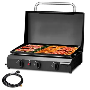 3-Burner Flat Top Gas Griddle Cooking Station with Ceramic Coated Cast Iron Pan, 30,000 BTU Propane Fuelled Griddle Station for Outdoor Barbecue Backyard Cookout