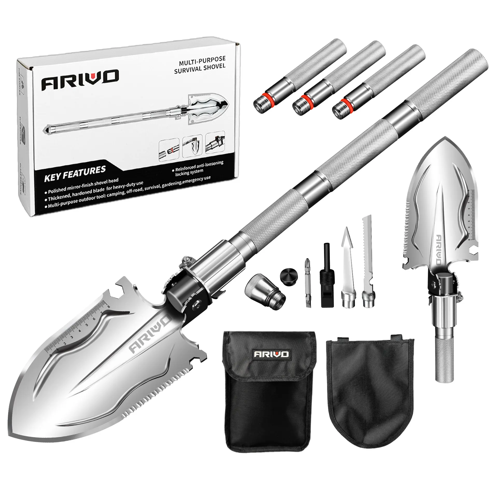 Folding Survival Shovel - Heavy-Duty Military-Style Multitool with Martensitic Steel Blade, 13-in-1 Off-Road Trail Gear for Camping, Emergency & Survival Camping, Emergency Kit, Stainless Steel