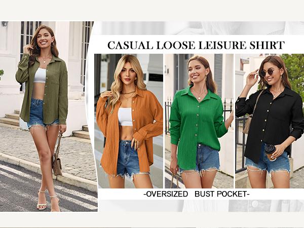 Womenswear Basic Casual Button Down Long Sleeve Shirt with Textured Collar and Pocket Minimalist Collared Blouse for Summer