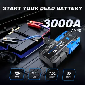 LUPUAUTO DY101 12V Portable Jump Starter Up to 3000A, for Up to 9.0L Gas & 7.0L Diesel Engines, Smart Clamps, LED Light & USB Fast Charging