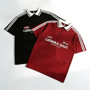 Striped T-shirt in college style for men and women, American fashion couple short sleeve, featuring a fresh turn-down collar and half zipper design, trendy and versatile comfortable casual piece suitable for summer wear