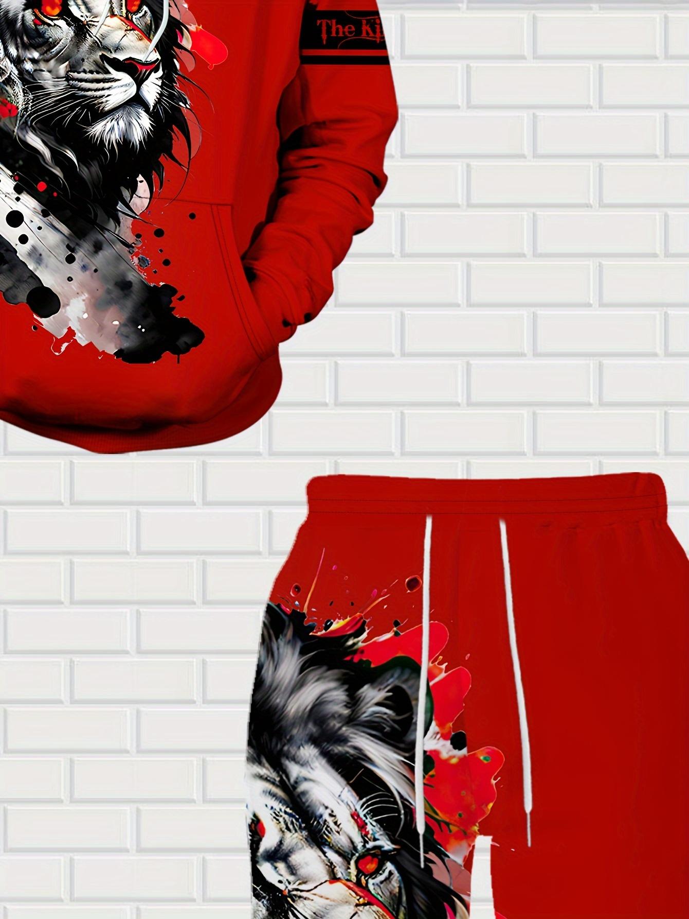 American Street Style Red Lion Print Hoodie Set Men's Casual Sports Two-Piece Suit