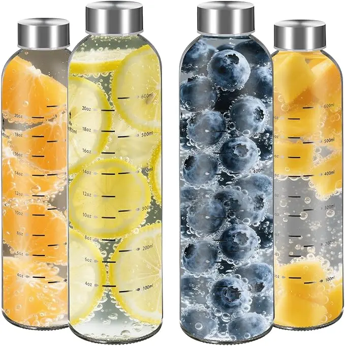 WINSA Reusable Glass Juice Water Bottles (17oz, 25oz) - 4Pack, 6Pack Clear BPA-Free Drinkware with Leak-Proof Stainless Steel Cap, Washable Portable Tumbler for Refrigerator