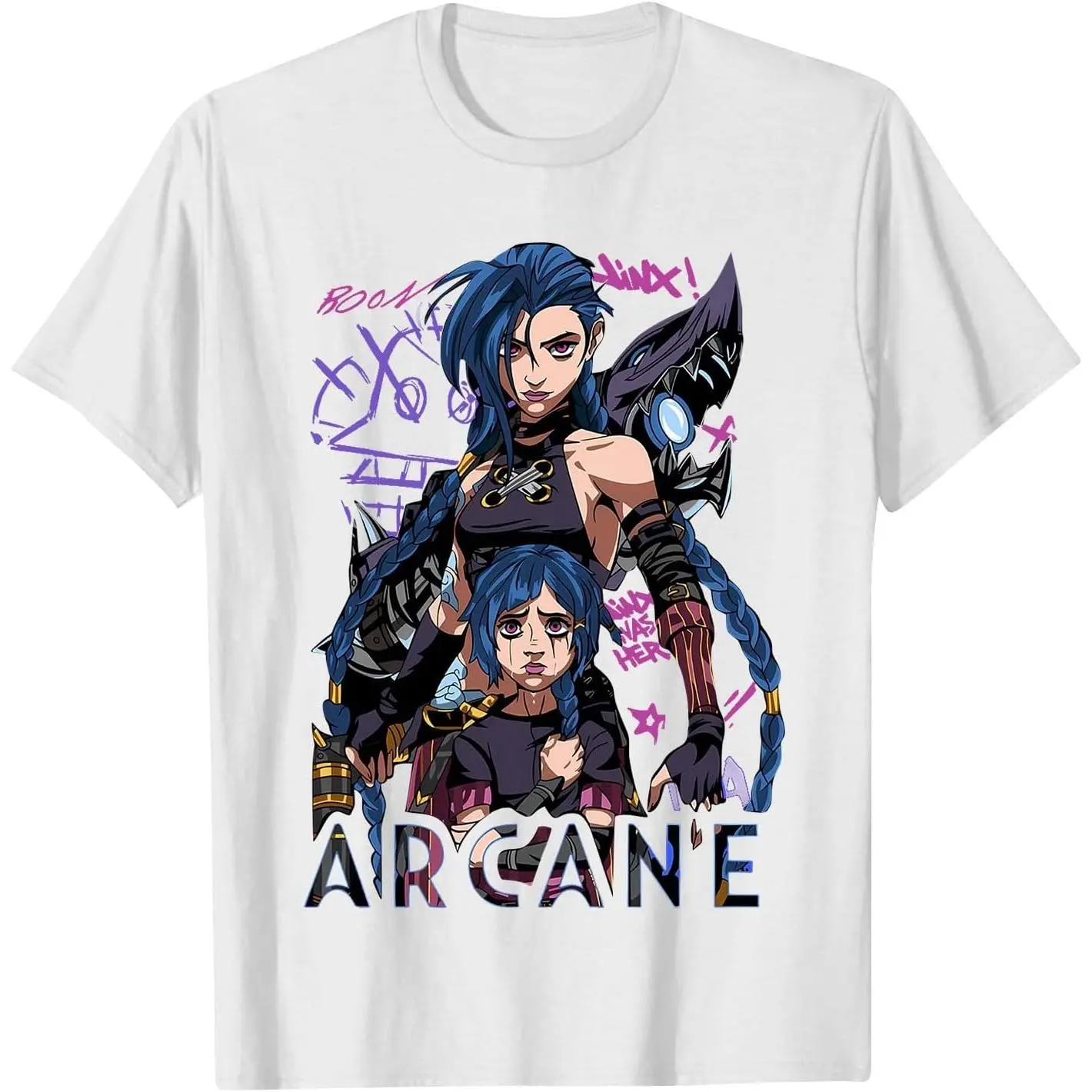Women's White Stretch Cotton Fitted Arcane Jinx Anime Print H-Type Knitting Short-Sleeve Round Neck Casual Top - Heat-Print, Normal Type, Machine Washable, Customization Available, Do Not Dry Clean, Valentines Day Wear