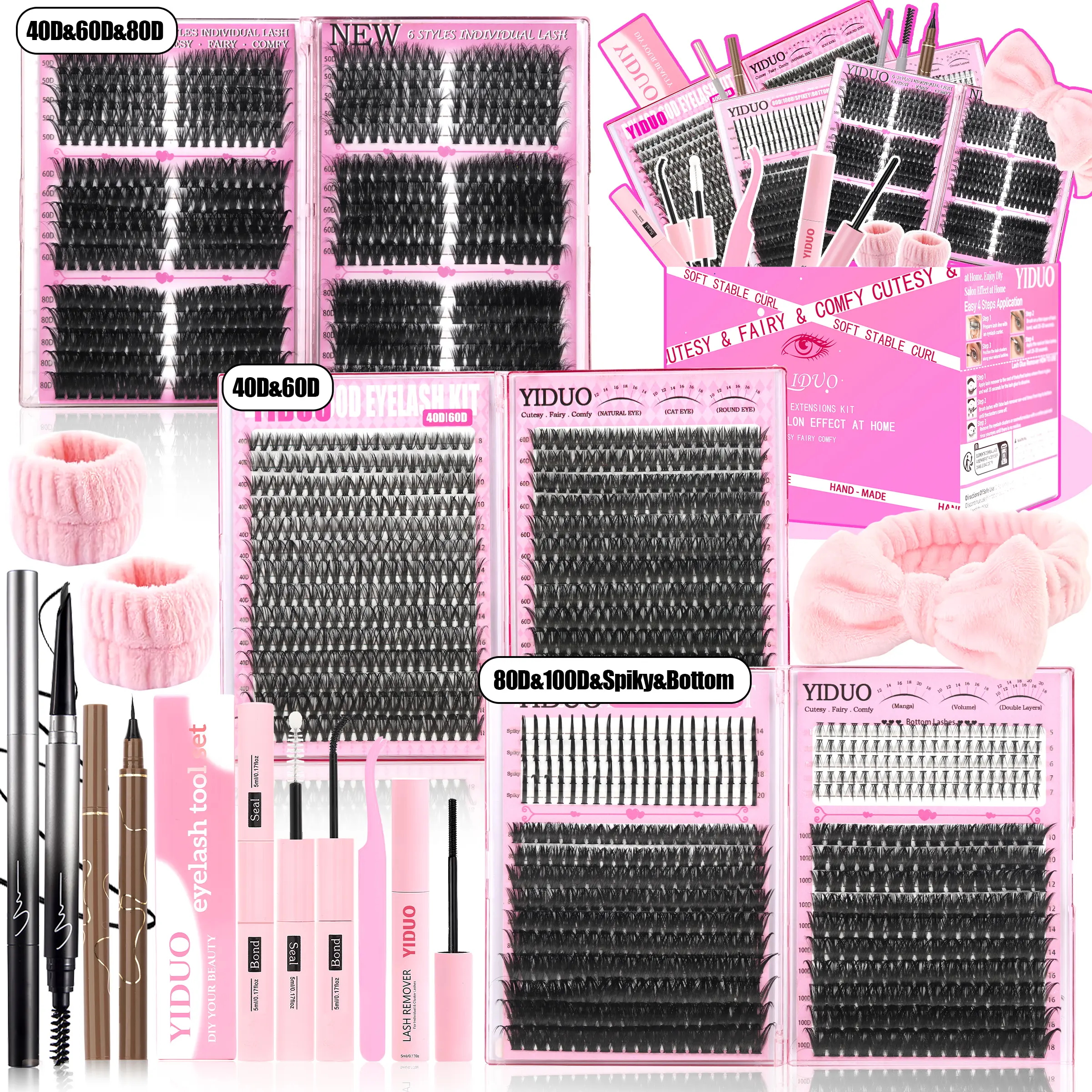 1660pcs YIDUO Kit 40D+50D+60D + Diy Lash Spikes & Bottom Lashes, Diy Volume Eyelashes, Diy Lashes Gift Set Individual Lash Kit with Left&Right Lash Extensions 10-20mm with Double-ended Eyebrow Pencil, Waterproof Eyeliner, Bond and Seal Kit
