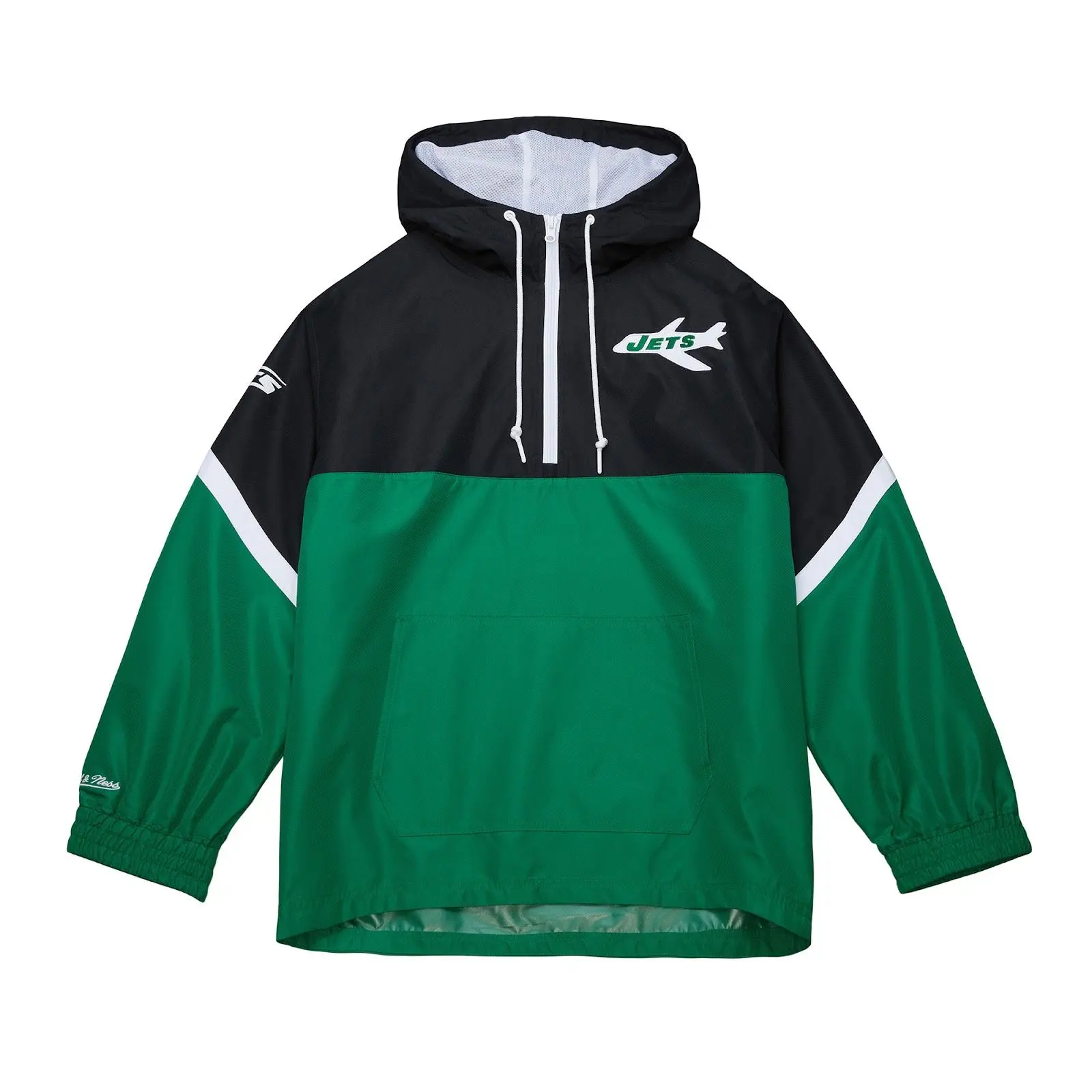 Mitchell & Ness Men's New York Jets Green & Black Tie Breaker Vintage Lightweight Quarter-Zip Windbreaker Anorak Coat, Shell-Mesh Fabric