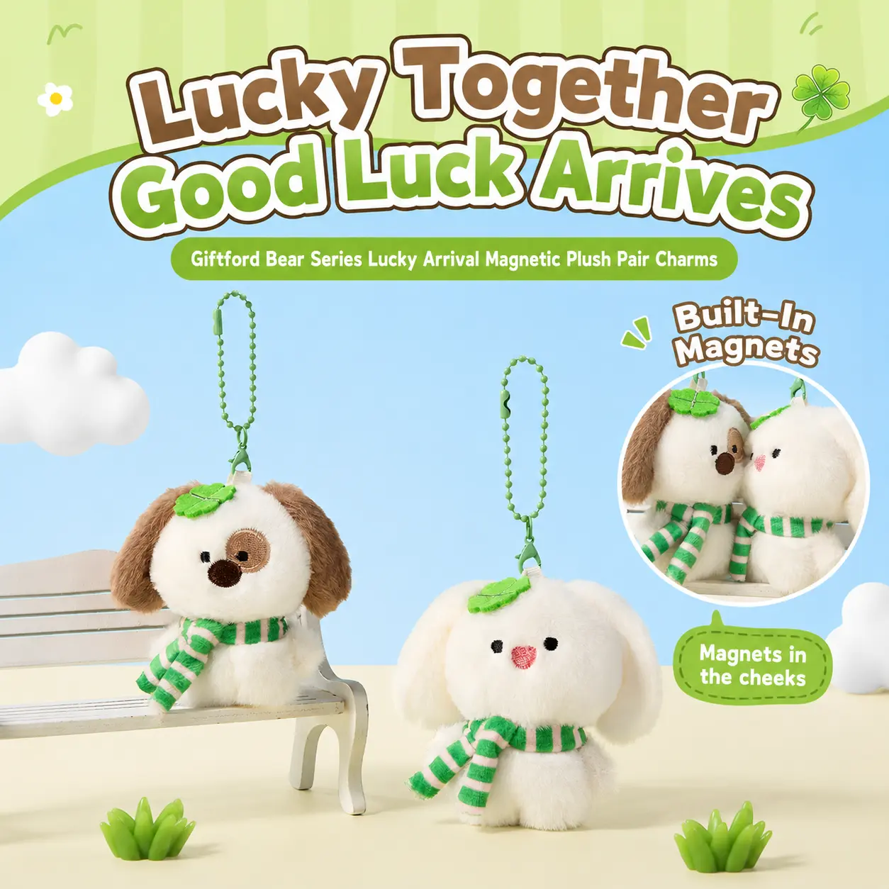 MINISO Giftford Bear Lucky Arrival Magnetic Plush Pair Charms - Soft Texture Animal Cartoon Keychain Accessories, Keyrings for Keys, Bear & Bunny Bag Pendants, Limited Edition Kids' Back to School Accessory