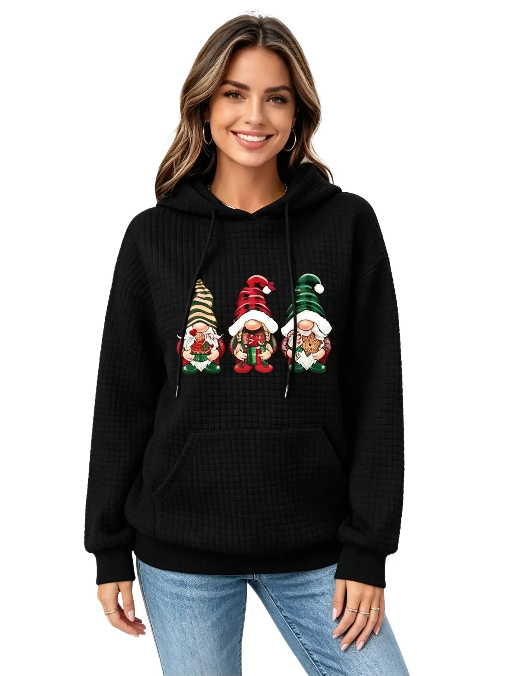 winter outfits for women-Christmas mini-dwarf drawstring waffle hoodie,Fashion trends, casual and comfortable,crewneck sweatshirt,comfort hoodie,popular hoodies