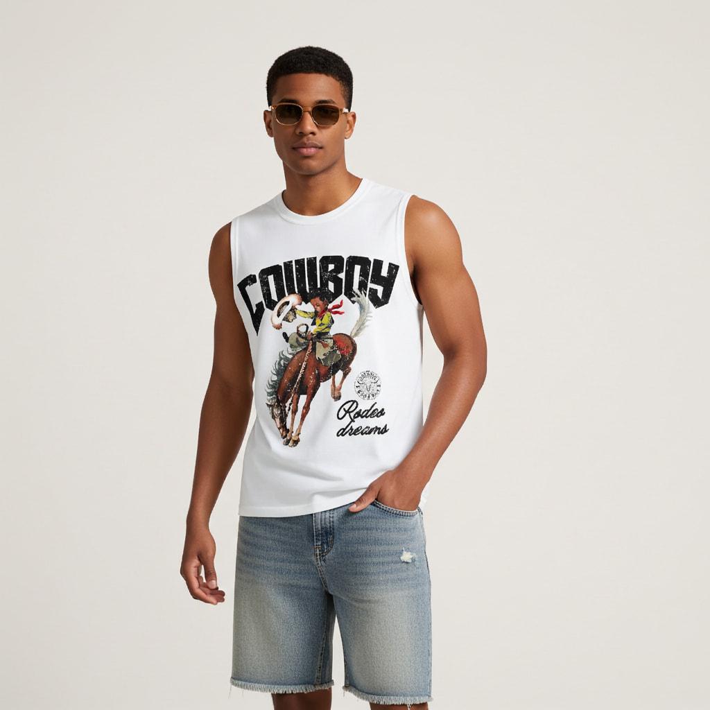 Sopula Studio Men's Cowboy Rodeo Dreams Print Graphic Tank Top Sleeveless Casual Crewneck Workout Tanktop Horse SpringStatements