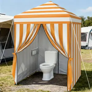5x5FT Orange White Striped Foldable Shelter 4-Wall 2-Door Silver Coated 210D Oxford Portable Canopy with Storage Bags