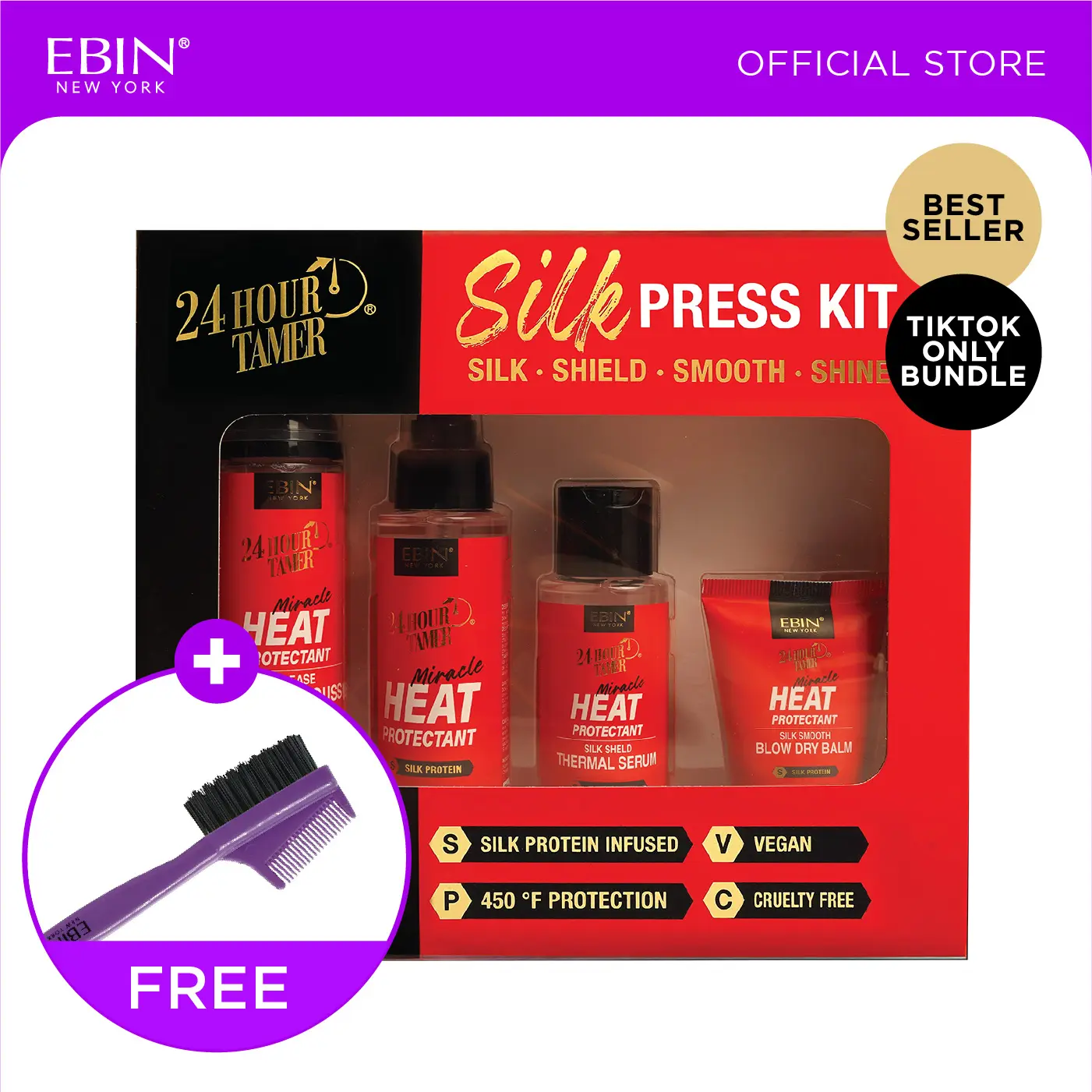 EBIN 24 Hour Tamer Heat Protectant Silk Press Kit with FREE Edge Brush | Silk press, Shield, Smooth, Shine EBIN 24 Hour Tamer Heat Protectant Silk Press Kit with FREE Edge Brush | Silk press, Shield, Smooth, Shine