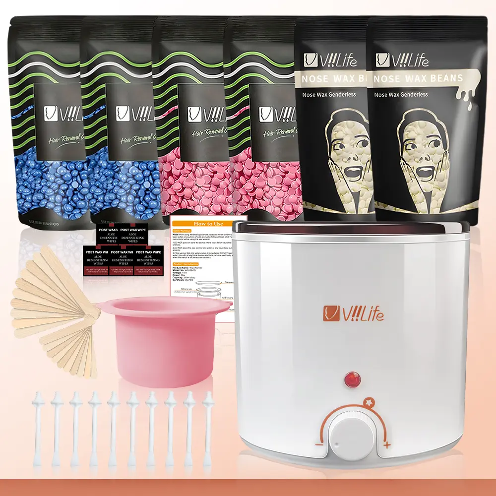 Viilife Sensitive Skin Hair Removal Waxing Kit - Easy-to-Use Body Care Cosmetic Set with Pink Electric Heater, Hard Wax Beads for Face, Underarms, Smooth, Face/Legs/Armpits, Universal, All Skin Types, Beauty, Gentle Waxing, Face/Body