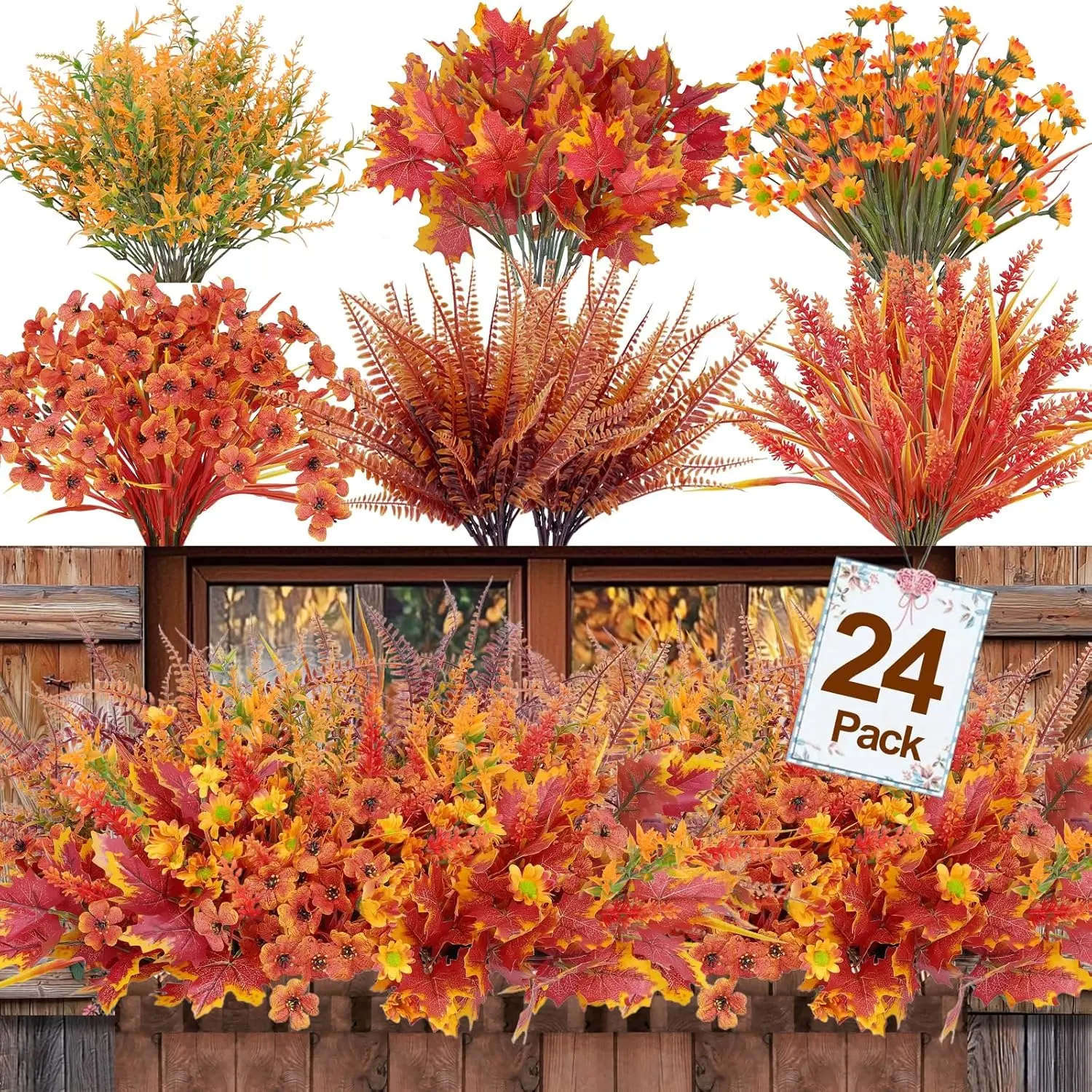 24 Bundles 6 Styles Artificial Fall Flowers Plants for Outdoors Fall Decor, Fake Faux Flower Autumn UV Resistant Orange Mums Maple Leaves Wheat Boston Fern Lavender for Thanksgiving Outside Porch Home