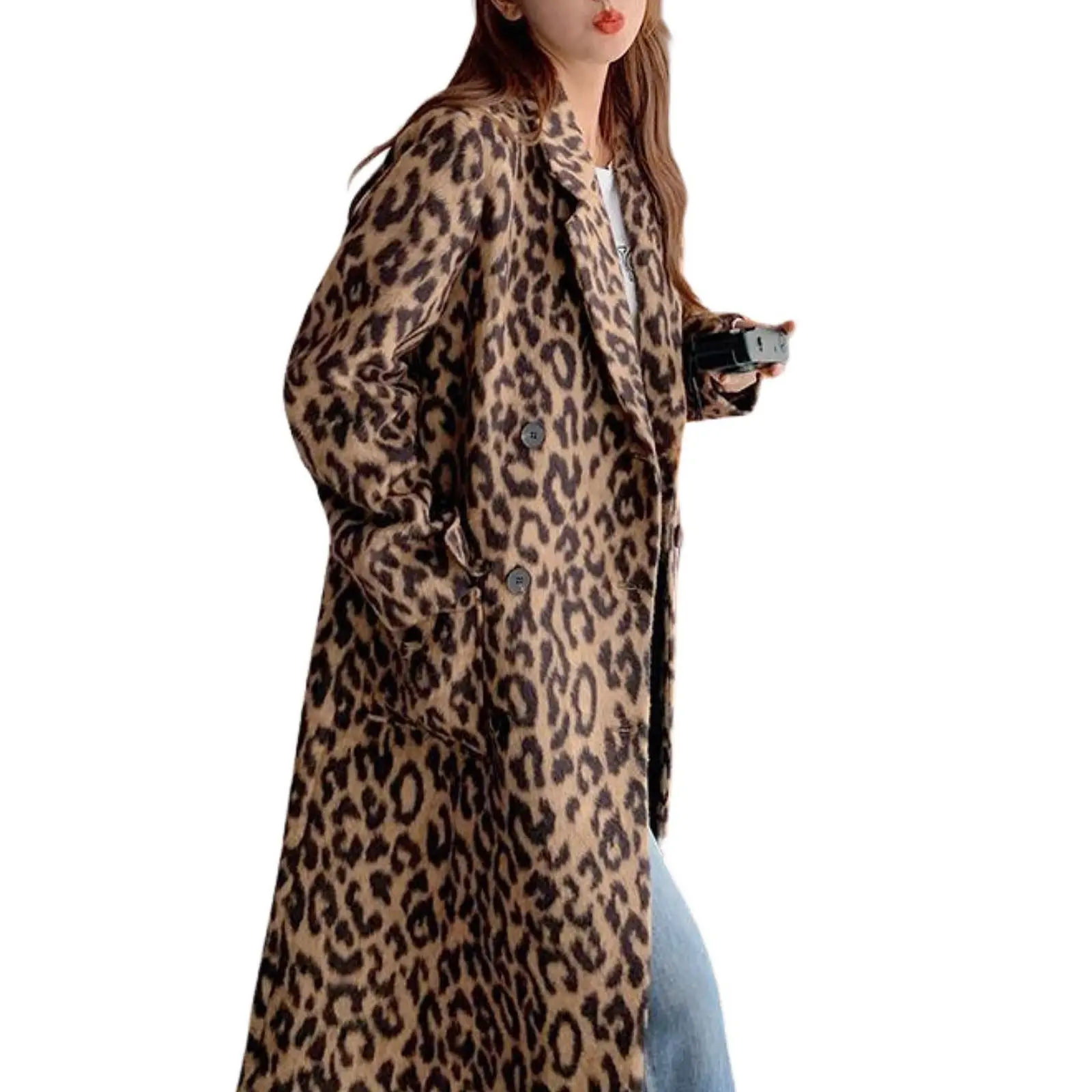 Chouyatou Women's Soft Leopard Print Long Wool Trench Coat - Notched Lapel, Double Breasted, Dressy Winter Warm Overcoat with Premium Fabric Style, Comfortable, Jackets,back to school,back to school shopping, Fashion, Outerwear