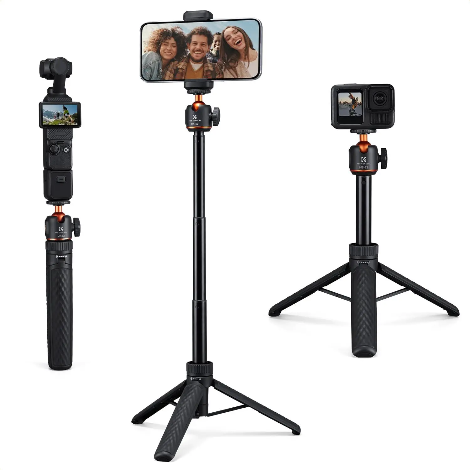 K&F CONCEPT 25.6'' Adjustable Mini Selfie Stick Tripod Stand with 5-Level 360° Ball Head, Cold Shoe & Silicone Storage - Cellphone Accessories for DJI Osmo Pocket 3/XTRA, Action 5 Pro, GoPro Hero13