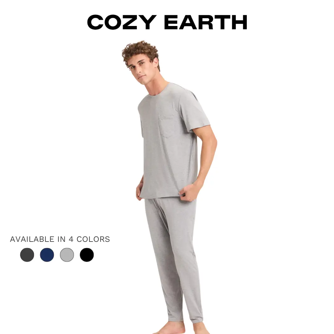 Cozy Earth Men’s Bamboo Stretch-Knit Tee & Pant Pajama Set | Ultra-Soft Bamboo Viscose Lounge Set Loungewear Menswear