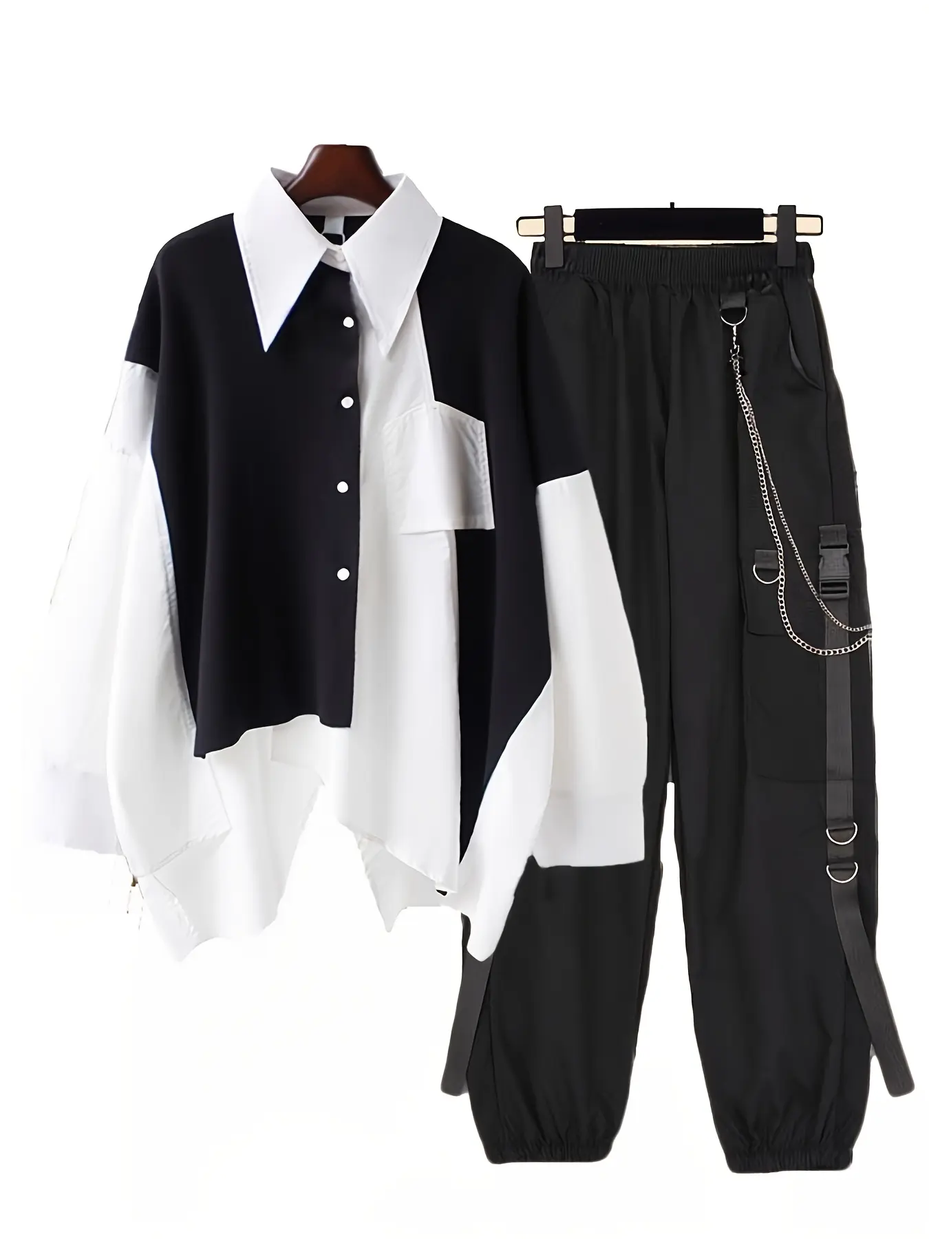 2PCS Women streetwear outfits loose long sleeve color patchwork split irregular shirts and ribbon chain cargo pants sets Y2k harajuku 2 pieces set for women suits