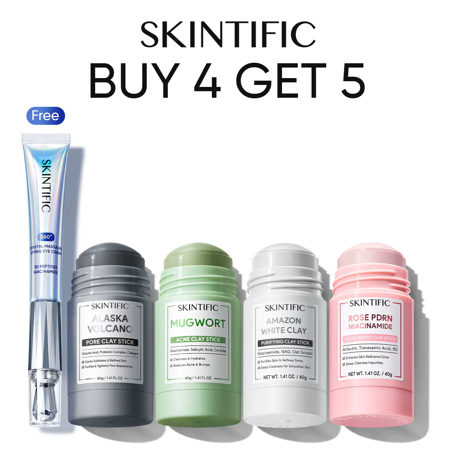 [Buy 4 Get 5] SKINTIFIC Ultimate Clay Stick Bundle – 5 Masks + Free 360° Crystal Massaging Eye Cream / 5X Cleanser Bigger Size – Alaska Volcano + Mugwort Anti Pores & Acne+ Niacinamide Bright Boost + Amazon White purifying + PDRN Rose Clay Stick